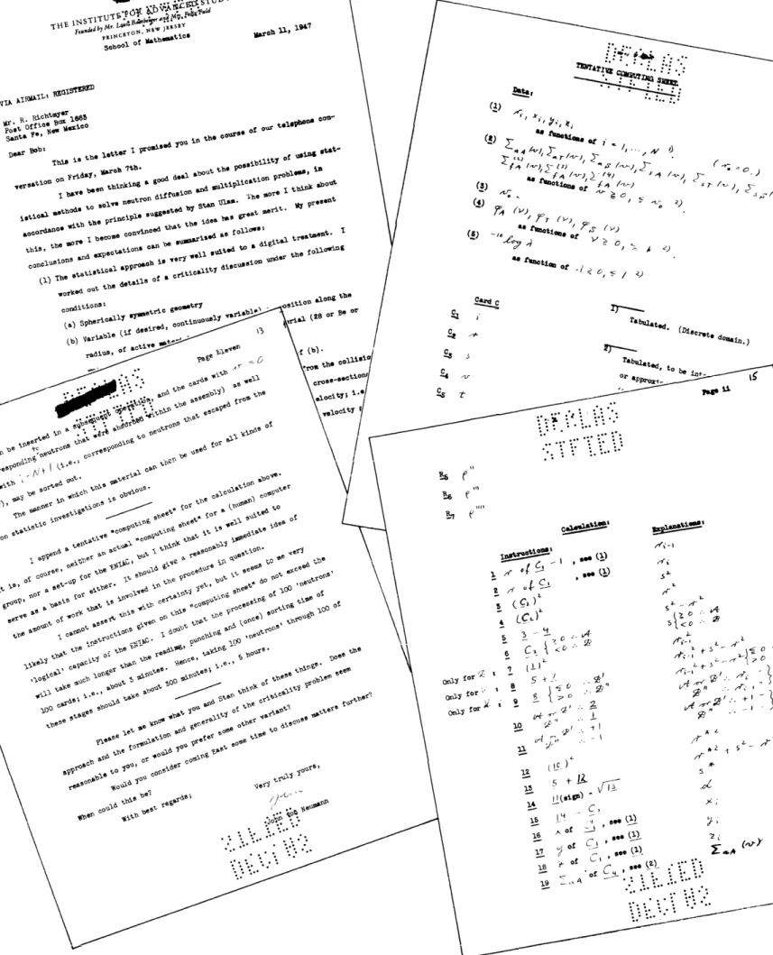 Fig. 1. The first and last pages of von Neumann’s remarkable letter to Robert Richtmyer are shown above, as well as a portion of his tentative computing sheet