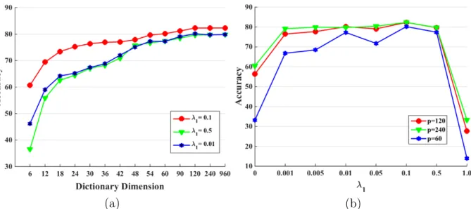 Figure 2.6: The accuracy of ICPR2012 positive test set versus different dictionary atoms in (a) and λ 1 values in (b).