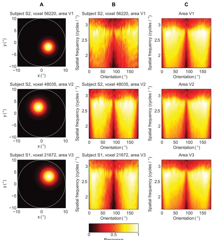 Figure 5. Receptive fields of the SC2 model. The parameter tuning varied across the voxels and had a bias for high spatial frequencies and oblique orientations