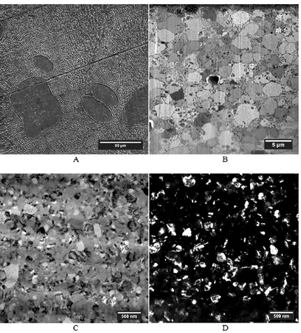 Figure 2.8. SEM images of (A) sand cast and (B) die-cast Zn-4.5%Al. TEM bright/dark 