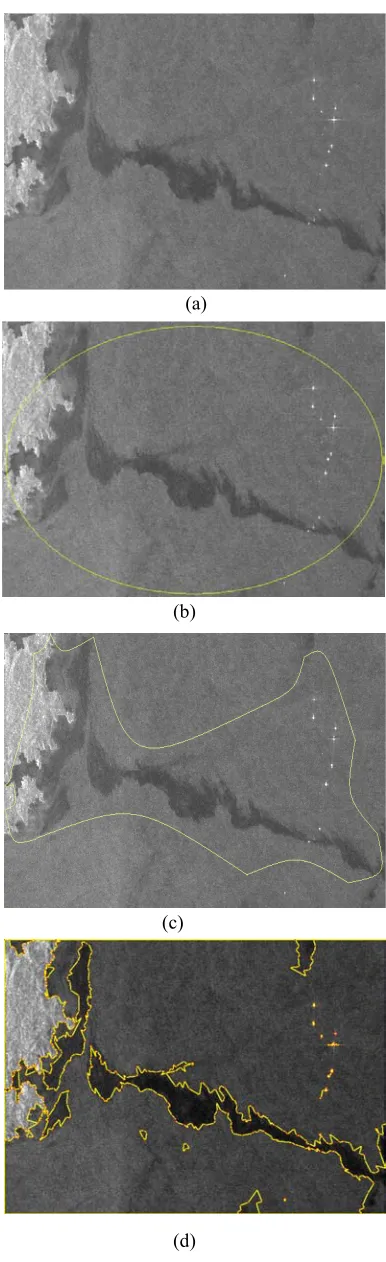Fig. 4 and fig. 5 illustrate the results of application of our method in real images obtained with satellite imaging systems in order to detect oil spills and validate our method