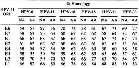 TABLE 1. Homologies of HPV-51 and other HPV ORFsa