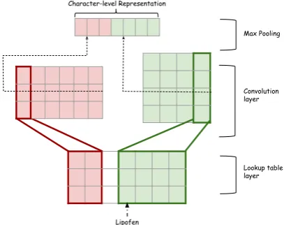 Figure 2: Example architecture for the character-level CNN with max pooling.The input is“Lipofen”.Character embedding size is three.There are three ﬁlters of width 2 and four ﬁltersof width 4.