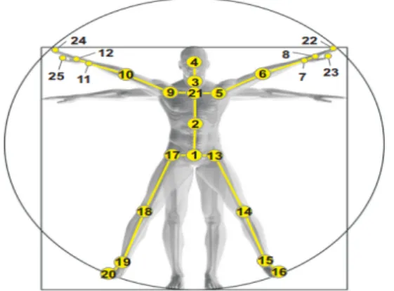Fig. 3: Map of joints in each part from P 1 to P 5 on a skeleton provided by Microsoft Kinect v2 TM sensor [52].