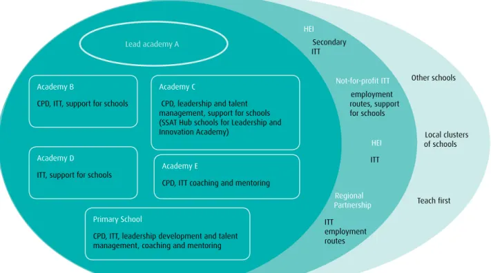 Figure 8: Single secondary academy as lead of a large academy chain  Teaching school relationships with strategic partners and the alliance   Example F: single secondary academy part of a large academy chain