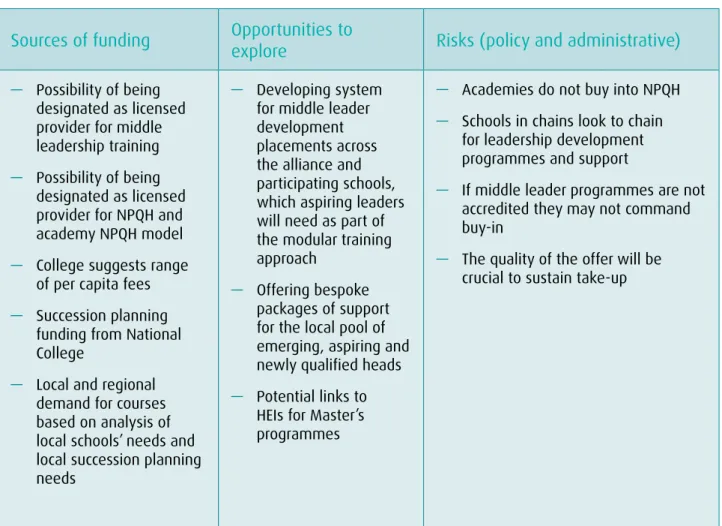 Figure 19: Funding streams, opportunities and risk in relation to leadership development and talent  management