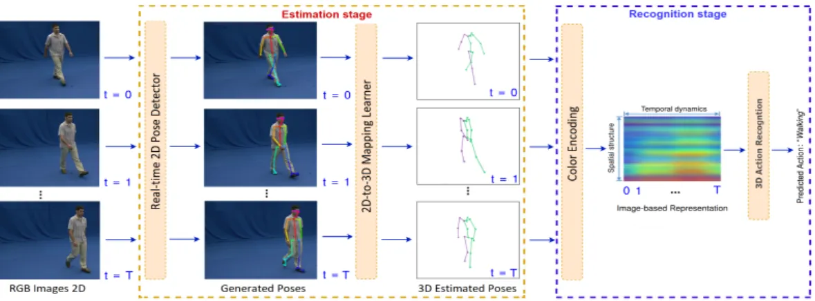Figure 1. Overview of the proposed method. In the estimation stage, a real-time multi-person 2D pose detector, such as OpenPose [12] or AlphaPose [13], is used to generate 2D human body keypoints.