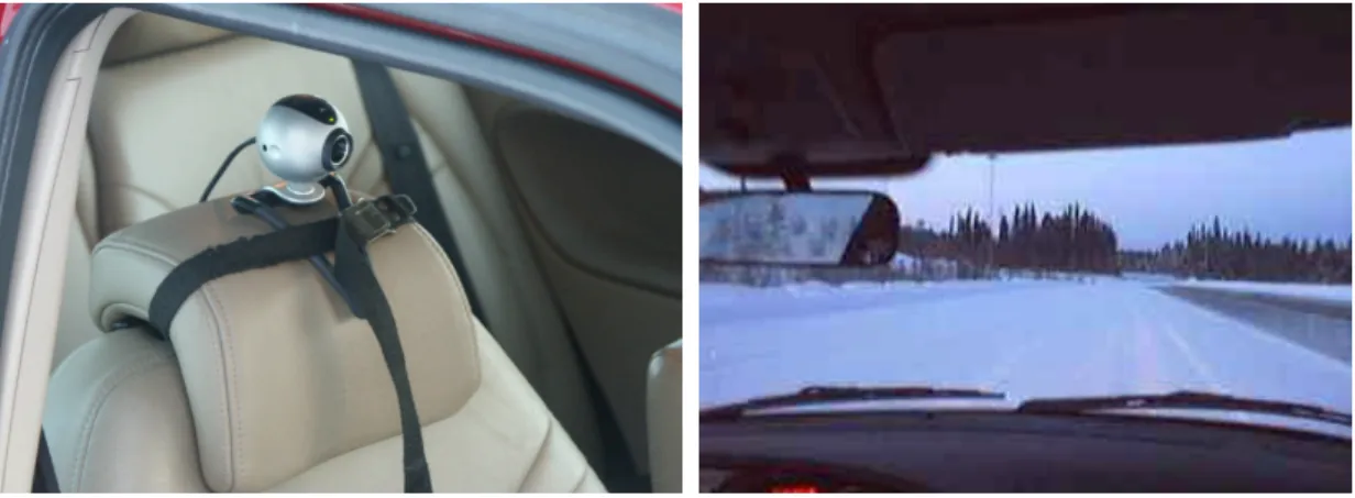 Figure 5  Camera mounted in the car (left) and view from camera (right) 