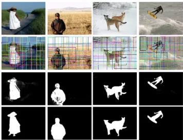 Figure 1: From top to bottom: original images, the objectness hypotheses, results of our saliency computation, and ground truth labeling