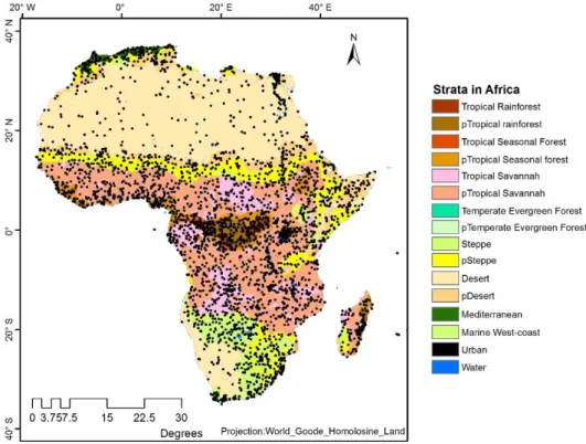 Figure 1: Spatial distribution of all validation sample sites and the stratification by Olofsson et al 2012: ‘p’ 