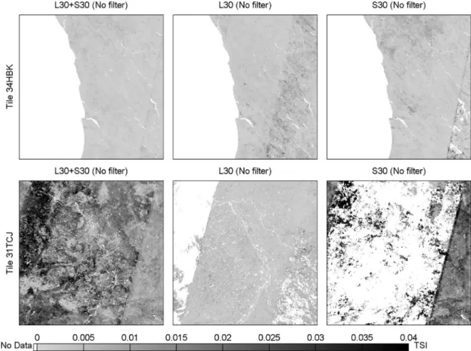 Fig. 10. Red band TSI map of tile 34HBK (South Africa, top row), and tile 31TCJ (France, bottom row)