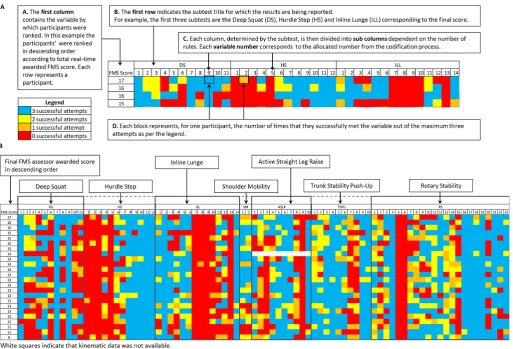 Figure 2  Interpretation of results presented as heat maps and heat map results for the exercise subtests, ranked by the total Functional Movement Screen (FMS) score achieved during the real-time assessment process.