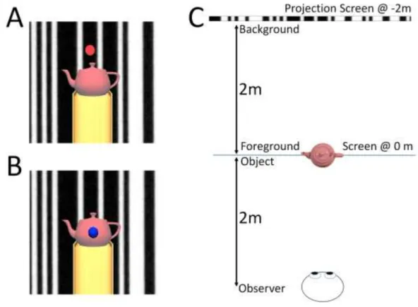 Figure 3. The stimuli from the viewer’s perspective. Participants were asked to press  a button when the fixation target (either a red dot on the background image (A) or a  blue dot on the foreground object (B)) transiently disappeared
