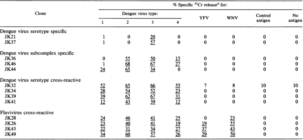 TABLE 1. Virus and dengue virus serotype specificity of CD4+ CD8- T-cell clones established from donor Ainfected with dengue virus type 3a