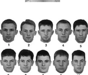 Figure	 1.3	 Example	 of	 line	 stimuli	 taken	 from	 Bruce	 et	 al.	 (1999)	 line	 up	 task.	 The	 correct	 match	 of	 the	 target	face	is	face	number	3.		