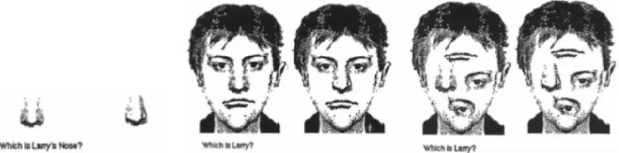 Figure	 1.7	 Example	 of	 test	 stimuli	 used	 by	 Tanaka	 &amp;	 Farah	 (1993),	 which	 shows	 examples	 of	 isolated	 features,	intact	faces	and	scrambled	faces.	 		