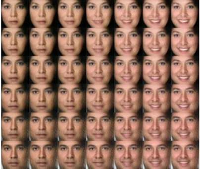 Figure 4.5: Examples of generated images when the gender and joy labels are modified. Left to right shows increased joy evidence and top to bottom shows increased male gender probability.