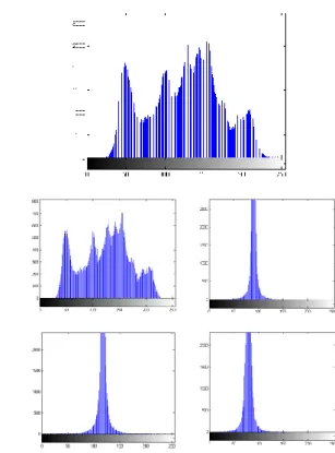 Figure 5-2: Level one IWT sub-bands of Lenna image and histograms. 