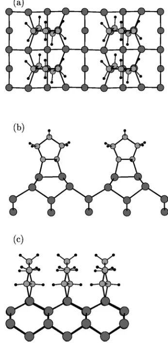 FIG. 1. Optimized geometry for the transof cyclopentene monolayer adsorption on Siand-type dimerized model�001�: �a� top view, �b� �c� side views