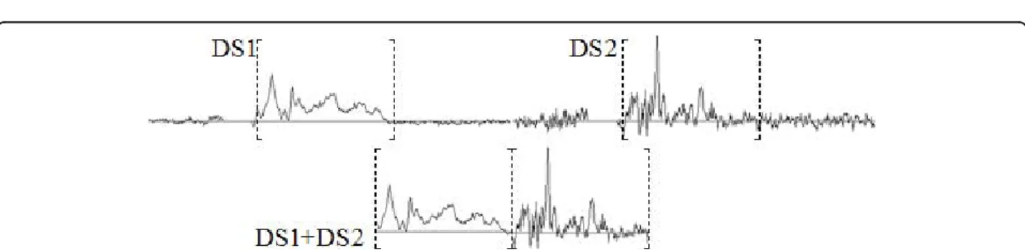 Figure 5 Using two spectra by case. When using two spectra by case (for instance when having two acquisitions at two different TEs) the new spectrum will be formed concatenating the range of interest (bracketed intervals) of both spectra.