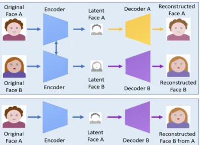 Figure  9:  Deepfake  creation  model  using  encoder-decoder  networks  [1].  During  the  training  process  (top),  two  networks  use  the  same  encoder  but  different  decoders