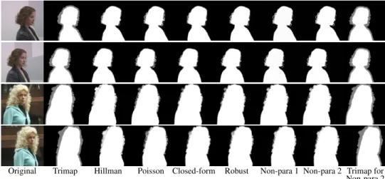 Figure 4: Distinct images 30 frame apart in two different natural video sequences along with their alpha mattes generated by different techniques