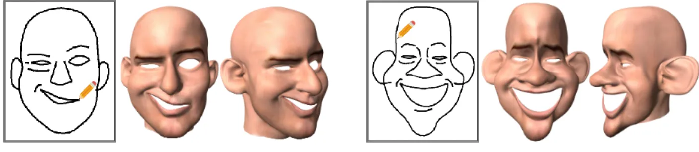 Fig. 1. Using our sketching system, an amateur user can create 3D face or caricature models with complicated shape and expression in a few minutes