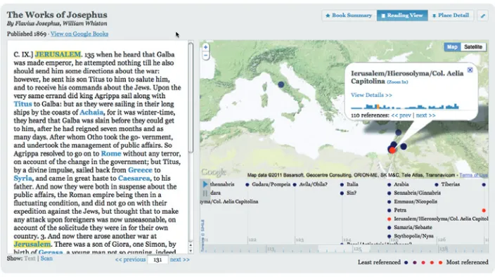 Figure 3. The Google Ancient Places project extracts spatial and temporal information from Classical Texts and uses webmapping and a timeline to visualise this information, enabling the researcher to understand the geographic ﬂ ow of the narrative as well as the relative signifi cance of places within the text.