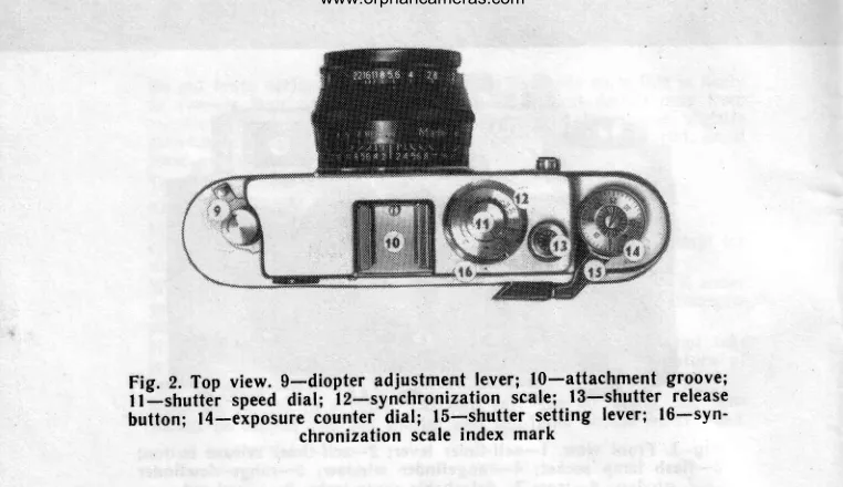 Fig. 2. Top view. 9-diopter adjustmgnt lever; lO-attachment groove;I I ]-shutter speed dial; i z-synchronization scale; l3-shutter release.iu'ril,'"* |ever; I6-svn-
