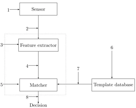 Figure 1.1: Eight possible attack points in a generic biometrics-based system [1]