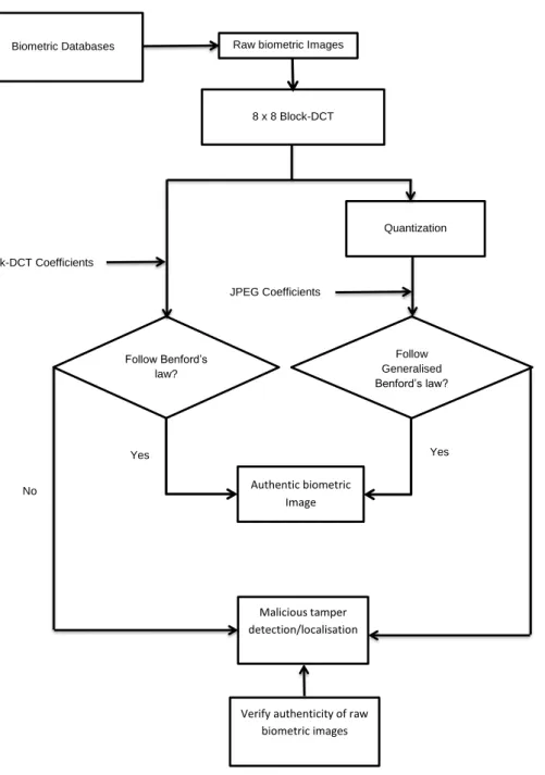 Figure 3.2: Schematic diagram for our proposed application of Benford’s law to raw biometric data for processing, tamper detection and localisation