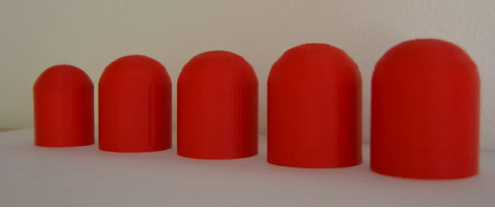 FIGURE 5.  The phantoms used for the determination accuracy and precision of volume. They are made using a  3D-printer in five different sizes, with volumes from 20 ml to 50 ml