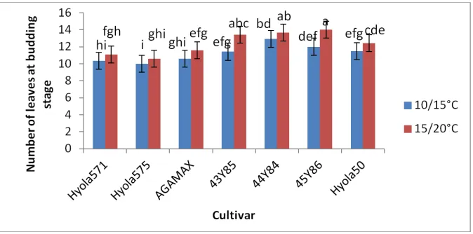 Fig. 2. Number of leaves plant-1 of different canola genotypes, measured at the beginning of budding (growth stage 3.1) in response to night/ day temperatures of 10/15⁰C and 15/20⁰C  Values with the same alphabetical lettering do not differ significantly at P=0.05 