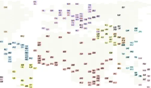 Fig. 11. Country labels indicate 9 different risk types by bold, italic and underline applied inde- inde-pendently to each letter of the three-letter ISO code