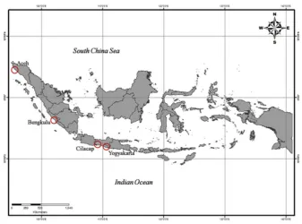 Figure 2: circles indicate   Sampling locations of Albunea symmysta in Sumatra and Java Island