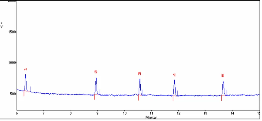 Figure 1.  GC-FID chromatogram of a 1.0 µg/mL standard solution of the five test compounds