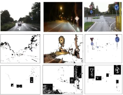 Fig. 3. Color segmentation and contour extraction. Original images are in the first row