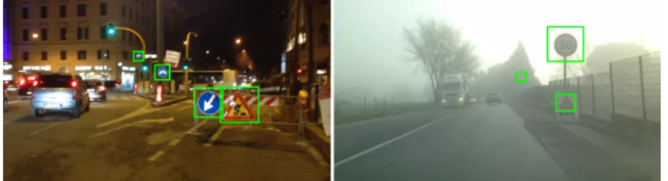 Fig. 5. Two annotated images from the DITS data set captured at night time (left) and with fog conditions (right)