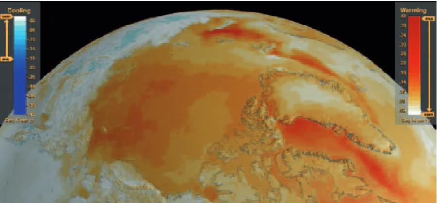 Figure 2.1. Image depicting the 28-year surface temperature trend over the Arctic region determined from data collected between August 1981 and July 2009