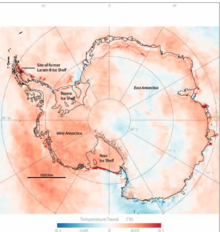 Figure 2.2. Image illustrating long-term changes in yearly surface temperature in and around Antarctica between 1981 and 2007