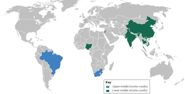 Figure 4.2: Countries represented in the 21 included studies, differentiated by  income 