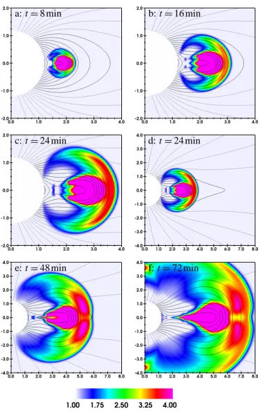 Fig. 2. Snapshots of the compression ratio at ﬁve different times after the onset of the eruption for Run A where the CME was launched intotime frame to illustrate these changes