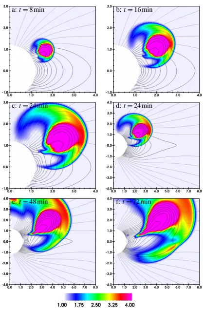 Fig. 3. Same as Fig. 2 plotted for Run B where the CME was launched 30◦to the North of the equatorial plane.