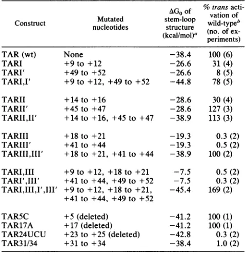 TABLE 1. Effects of TAR mutations on trans activation