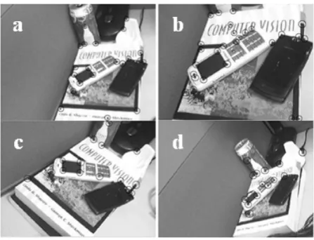 Fig. 12. Scale and illumination invariant corner detection. (a) is an original image, (b) is a scale transform image, (c) is a notation transform image, (d) is an affine transform image