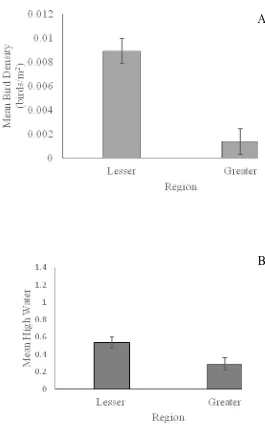 Figure 4: A: Mean bird density between Lesser and Greater Antilles (error bars=Standard Errors)