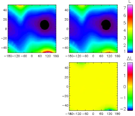 Fig. 5. Comparison between the L parameter calculated with theTsyganenko89 (upper left panel) and IGRF (upper right panel) mod-els as a function of longitude and latitude