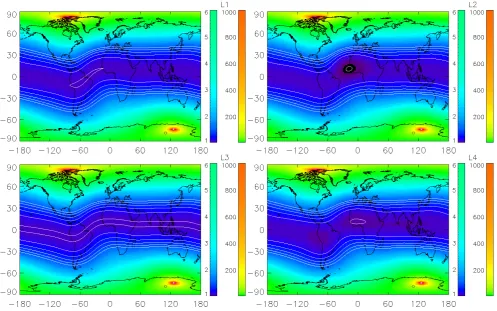 Fig. 11. Mappedlongitude, L parameters L1 (a), L2 (b), L3 (c) and L4 (d) for the geomagnetic IGRF model for 2008, plotted against the geographical ϕ, and latitude, ψ=90◦−ϑ