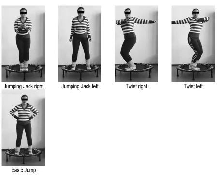 Figure 3. The family II exercise. 3a) Split Jack right, 3a) Split Jack left; 3b) Kangoroo right, 3b) Kangoroo left; 3c) Jumping Jack right, 3c) Jumping Jack left; 3d) Twist right, 3d) Twist left; 3e) Basic Jump  