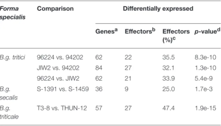TABLE 3 | Summary of differentially expressed genes between isolates of the same forma specialis.